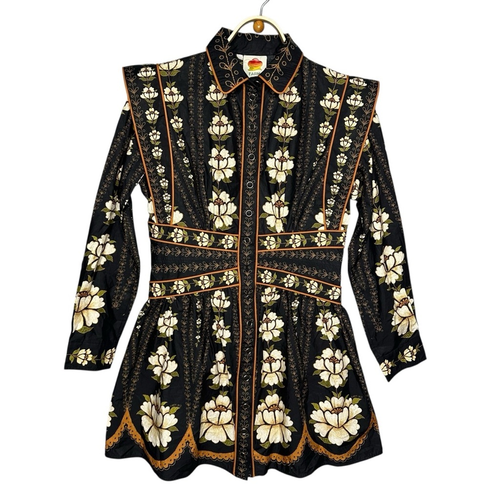 FARM Rio Black Bold Flowers Long Sleeve Organic Cotton Mini Dress. Sz: M - Picture 4 of 13